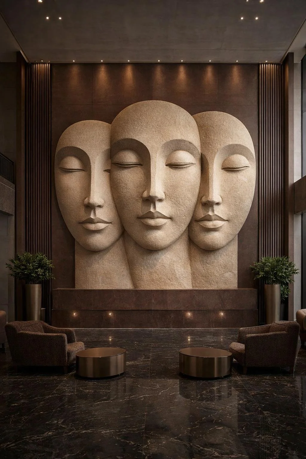 Monumental stone carved wall sculpture with abstract faces for luxury interior or urban projects art integration. Singular artwork production by Solaro Art Collection