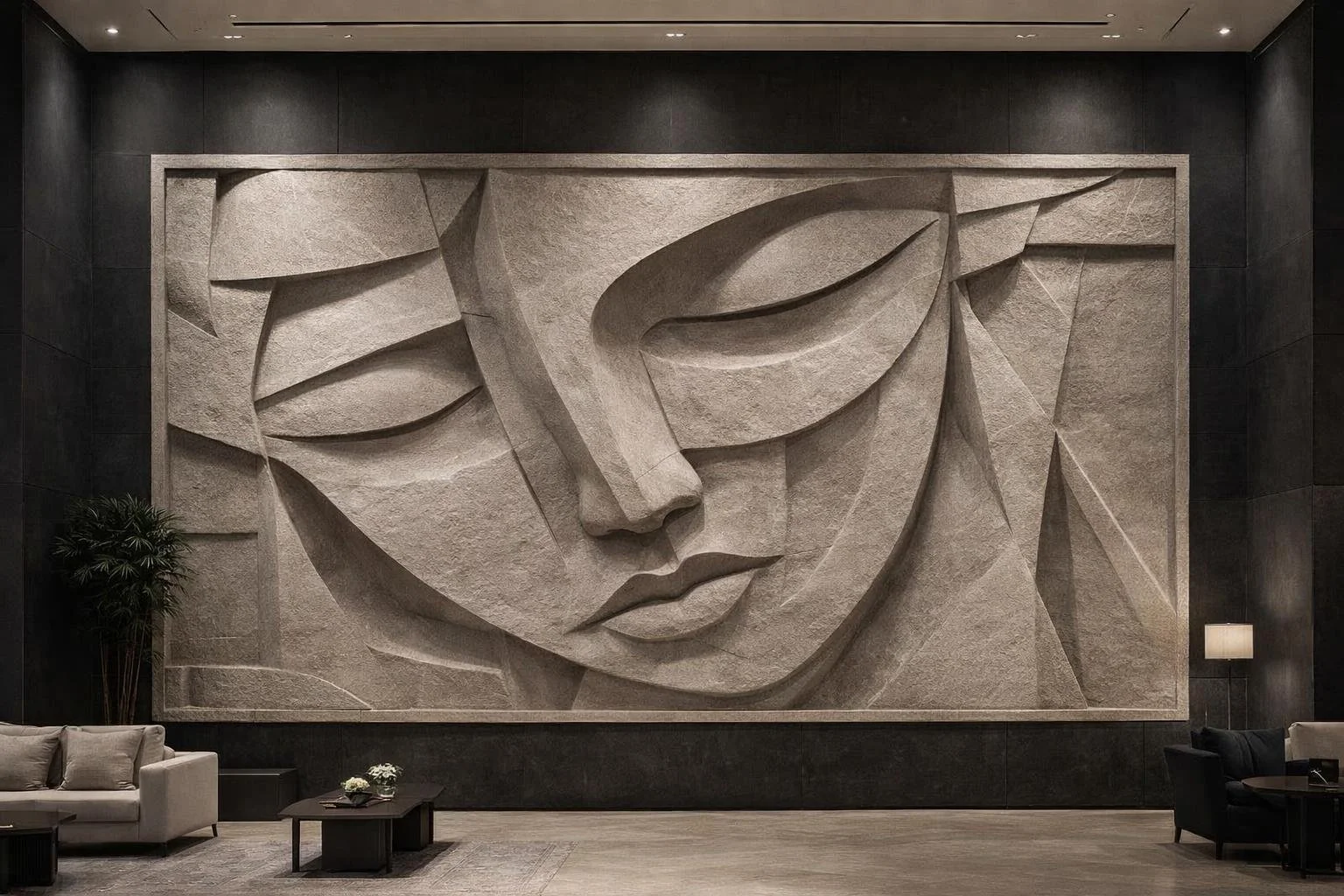 Colossal abstact geometric face wall sculpture for luxury hotels or public spaces. Singular production artwork by Solaro Art Collection