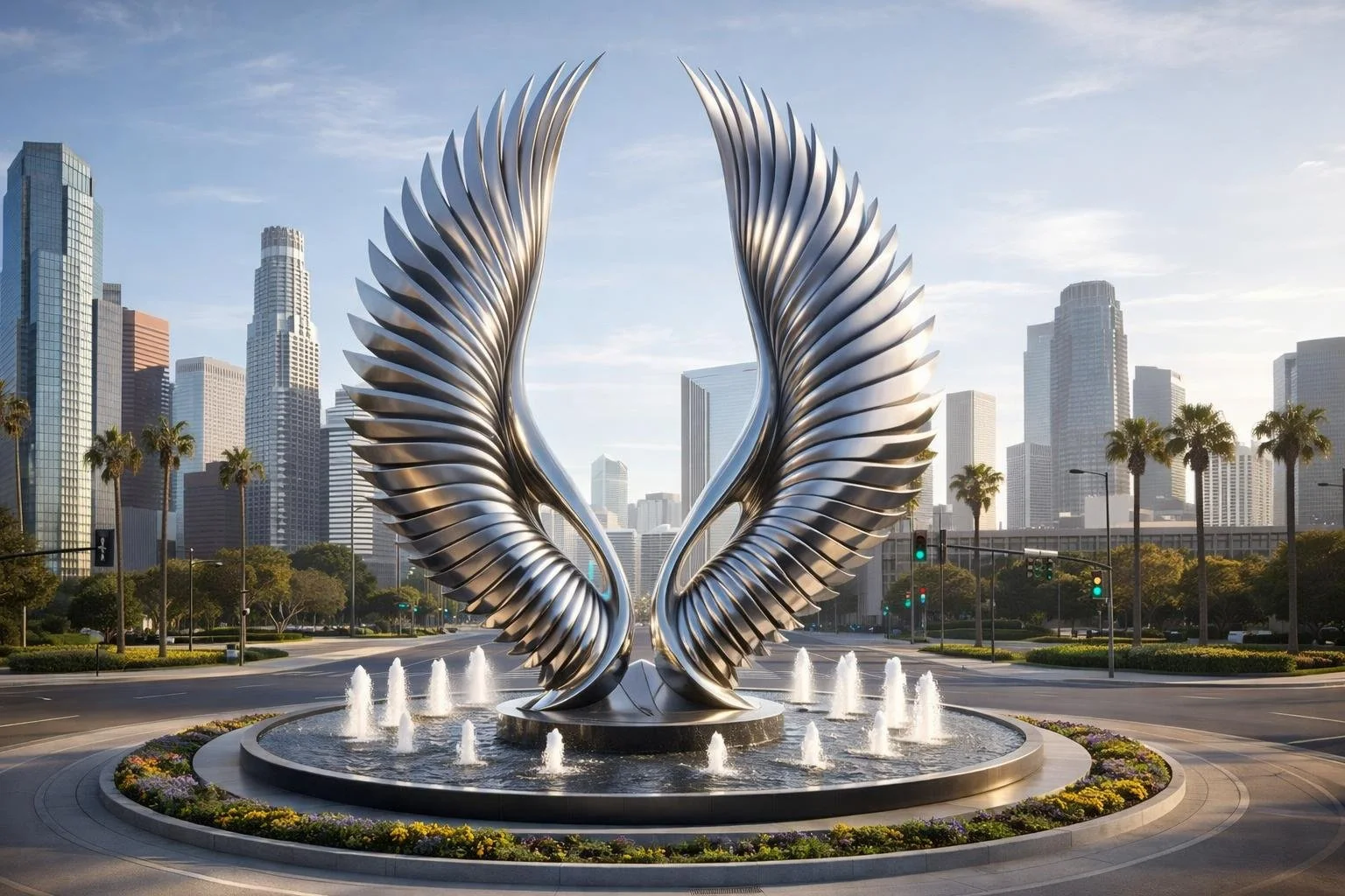 Large-scale wing sculpture in metal integrated in a central public fountain. Unique piece by Solaro Art Collection