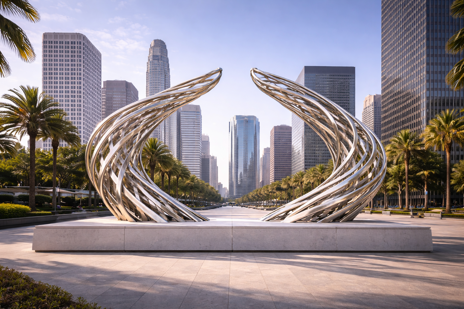 Modern metallic sculpture with swirling design in an urban park with tall skyscrapers and palm trees in the background