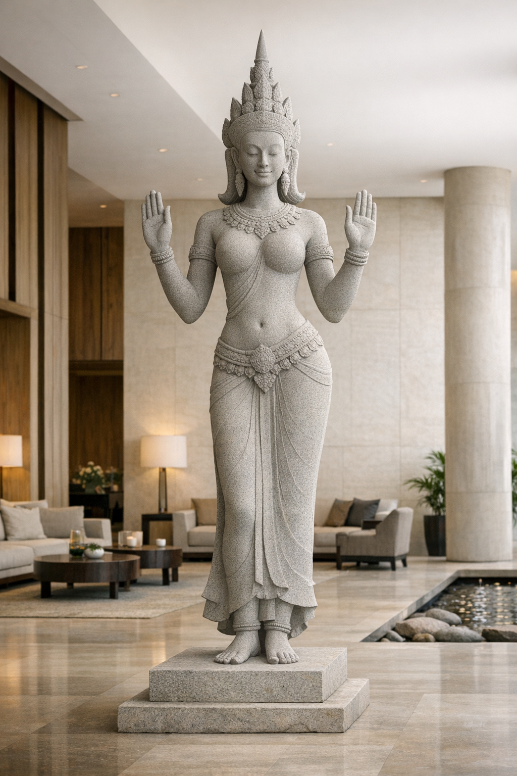 Statue of a woman in traditional attire, standing indoors in a modern hotel lobby with couches and lamps.