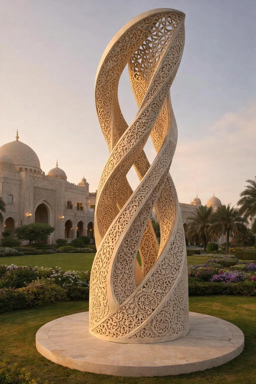 Contemporary Islamic Art outdoor sculpture with arabesque patterns, twisted tower form for luxury gardens in dubai, kuwait, saoudi arabia. Unique masterpiece. Solaro Art Collection