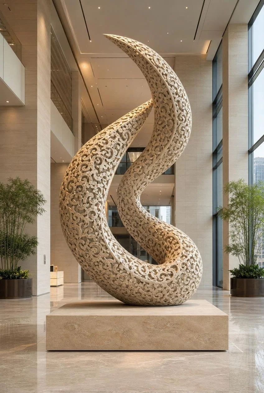 Cream Marble Arabesque LArge Sculpture inside a corporate lobby