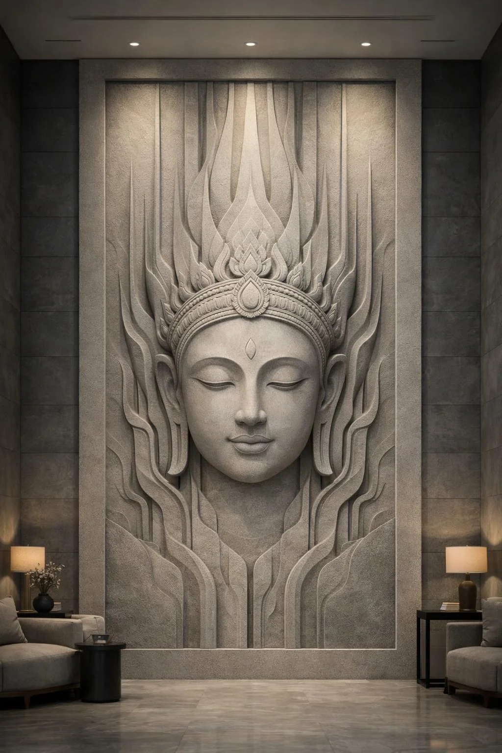 Grand-scale cambodian inspired divine face wall sculpture. Unique Masterpiece. Solaro Art Collection