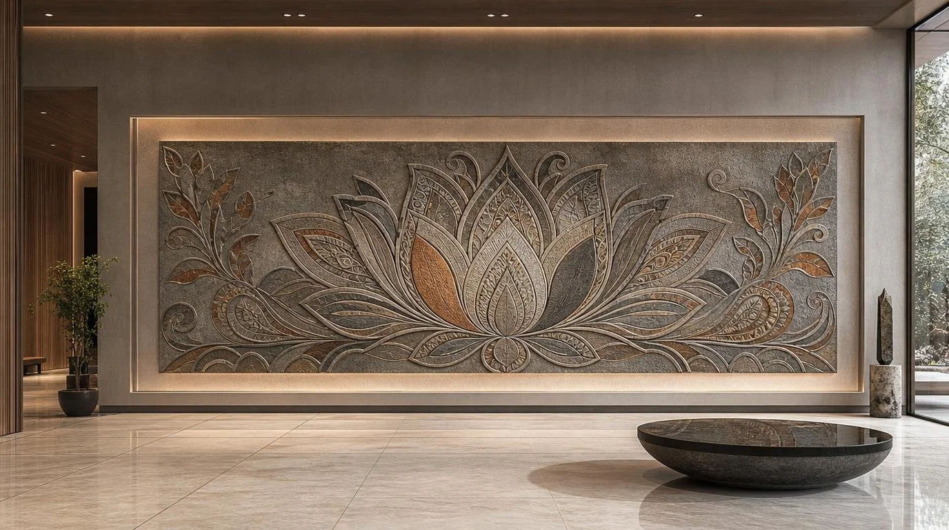 Colossal horizonal wall art relief panel with geometric lotus design