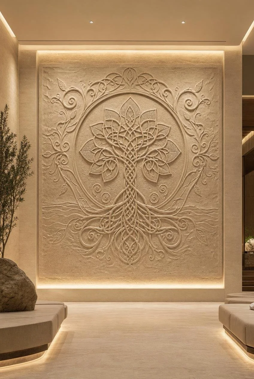 Modern abstract tree of life wall stone relief for wellness center or spa