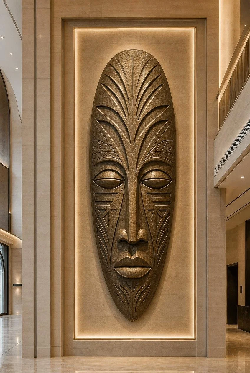 Colossal african mask in bronze integrated into a wall of a hotel lobby