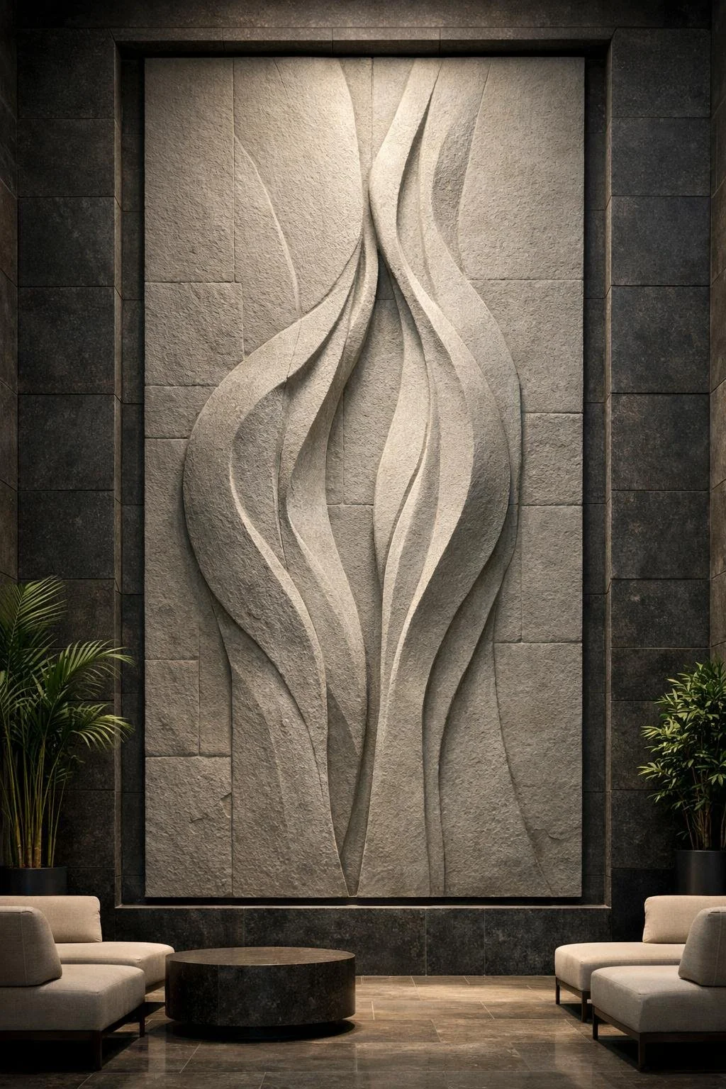 Monumental vertical stone wall sculpture, 5 meters high, featuring two flowing organic forms rising and gently intersecting. Ideal for spa and wellness walls, evoking balance, harmony, and a calm energy flow. By Solaro Art collection.
