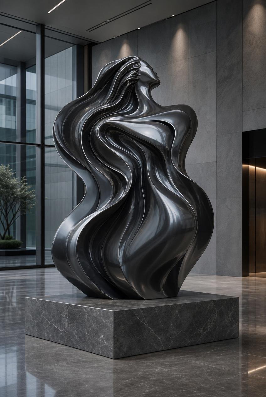 Female silhouette metal sculpture for corporate lobby. Solaro Art