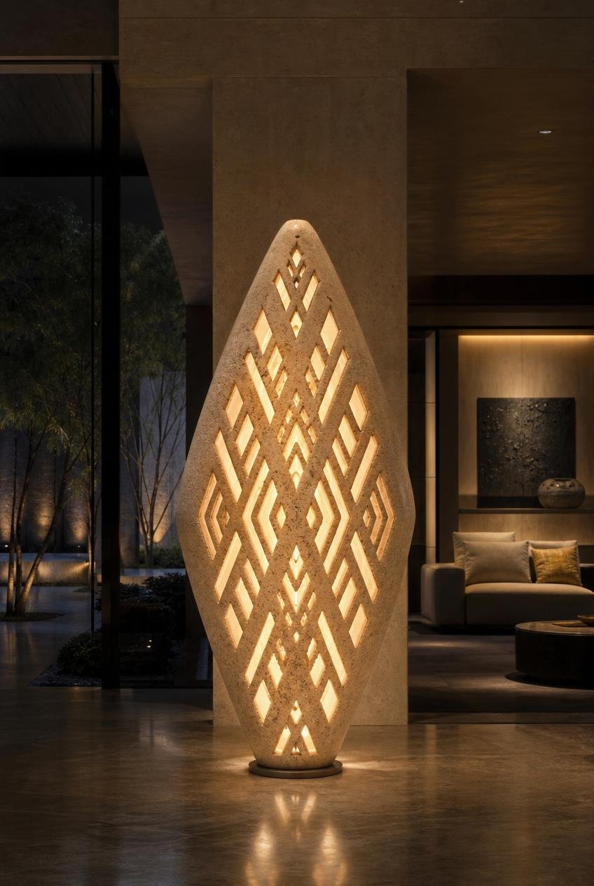 Large diamond shape stonce carved illuminated sculpture
