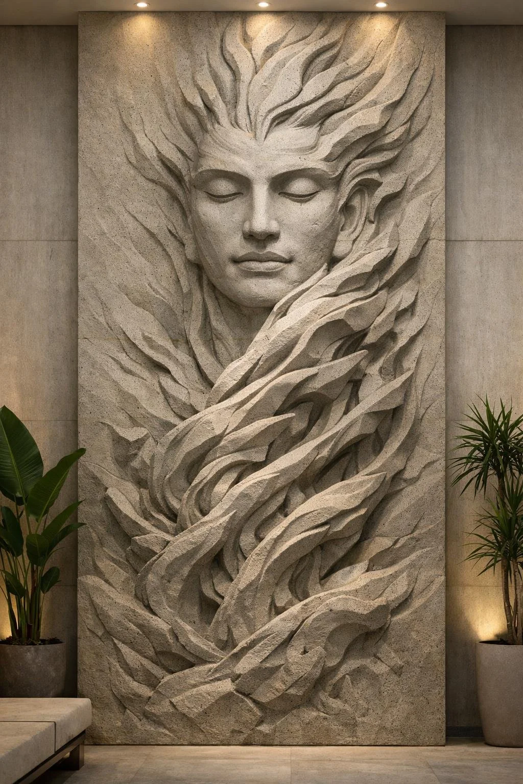 Monumental vertical wall sculpture, deep relief, grey stone. By Solaro Art Collection.