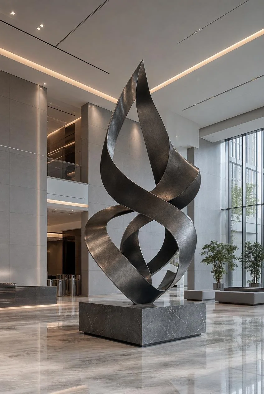 Grand-scale modern ribbon form metal sculpture inside a corporate building