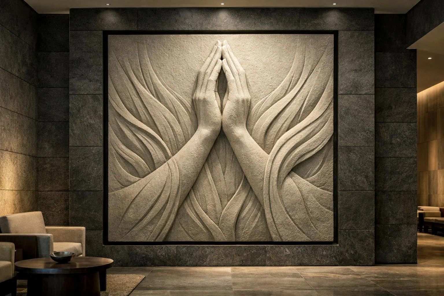 Monumental square stone carved wall sculpture for luxury places integration. Worldwide door-to-door delivery, various sizes available. Solaro Art Collection.