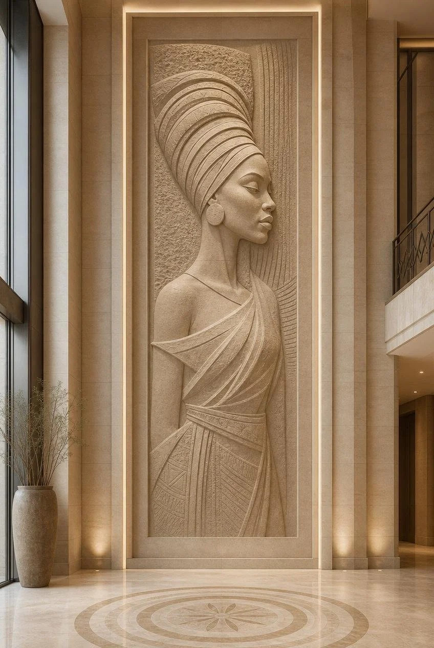 Large-scale profile of african woman , african inspired wall sculpture for luxury interiors