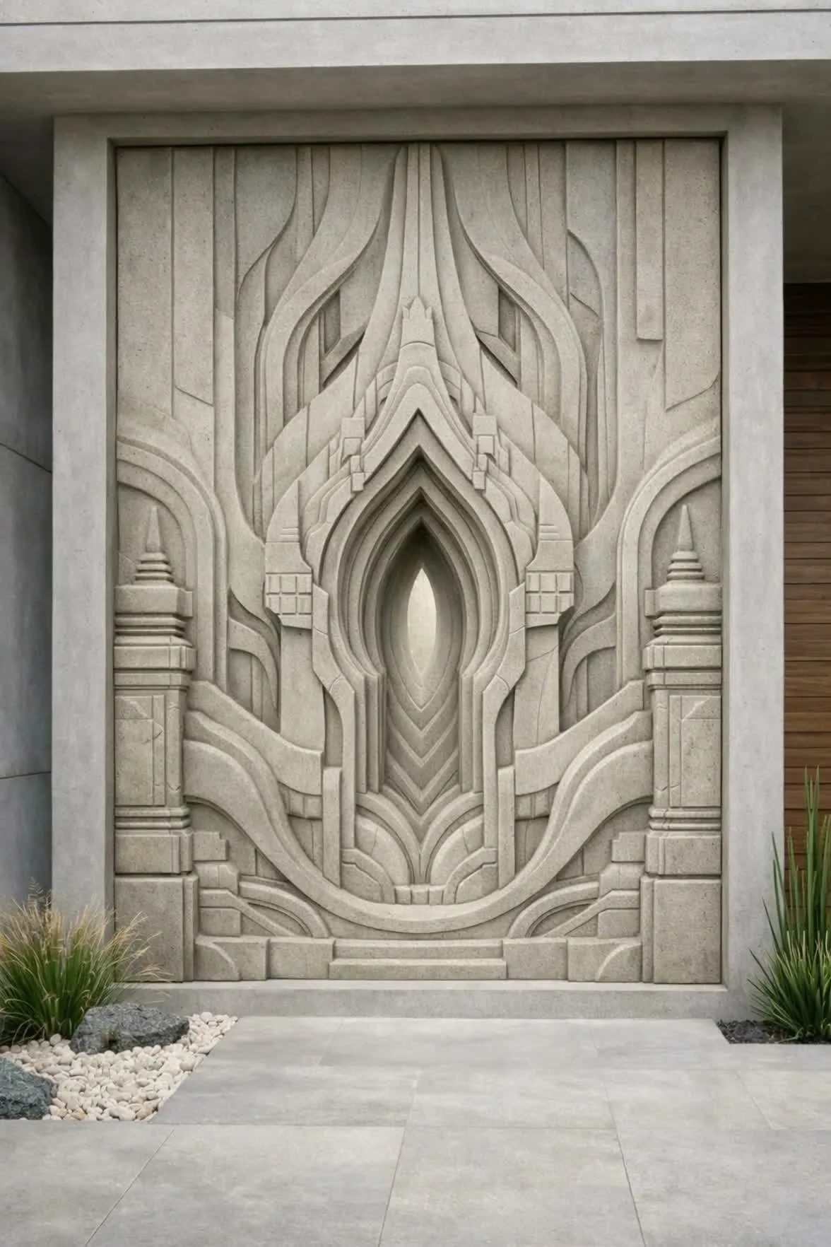 Collossal stone sculpture, deep relief. Inspired by oriental culture. Made to order, door-to-door delivery worldwide. Solaro Art Collection.