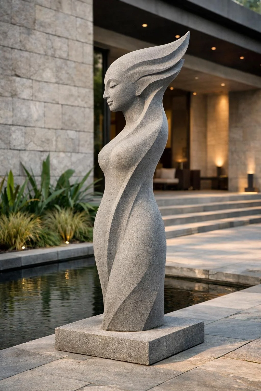 Gray stone sculpture of a serene woman with flowing hair, placed outdoors in front of a modern building with stone walls and steps.