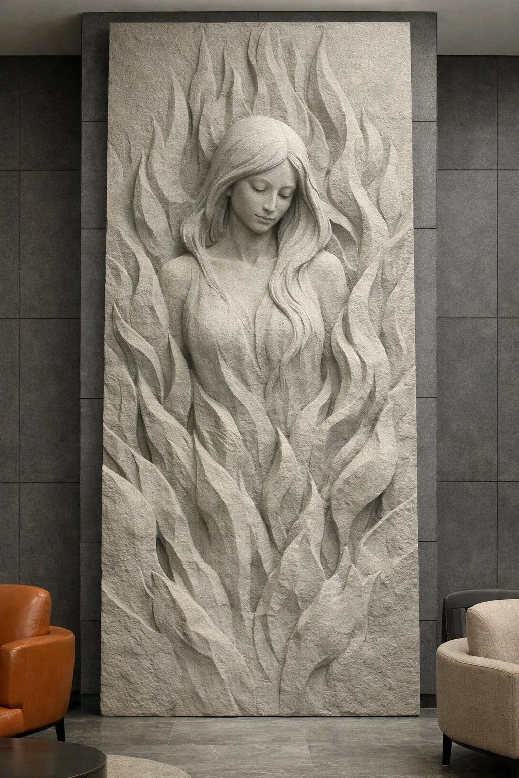 Stone-carved female silhouette with flames. large-scale wall relief. Solaro Art Collection