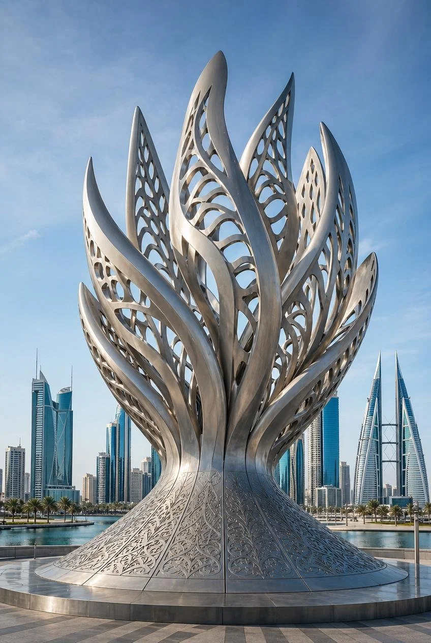 Monumental Contemporary Islamic Sculpture in Brushed Metal for Urban Projects
