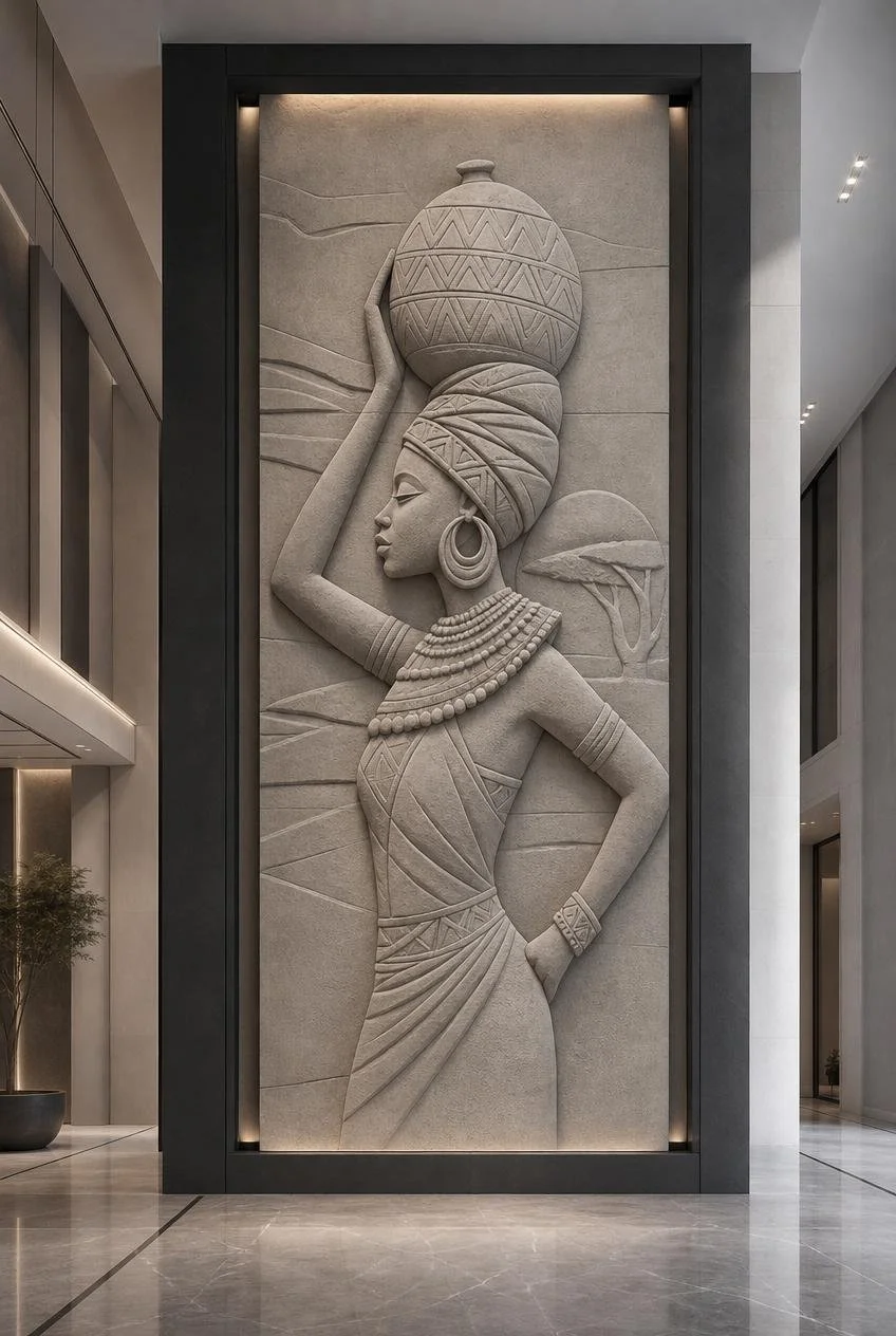 Large Stone wall relief of a graceful african woman