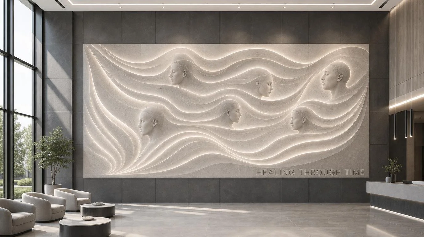 modern abstract stone sculpture in a large hospital lobby