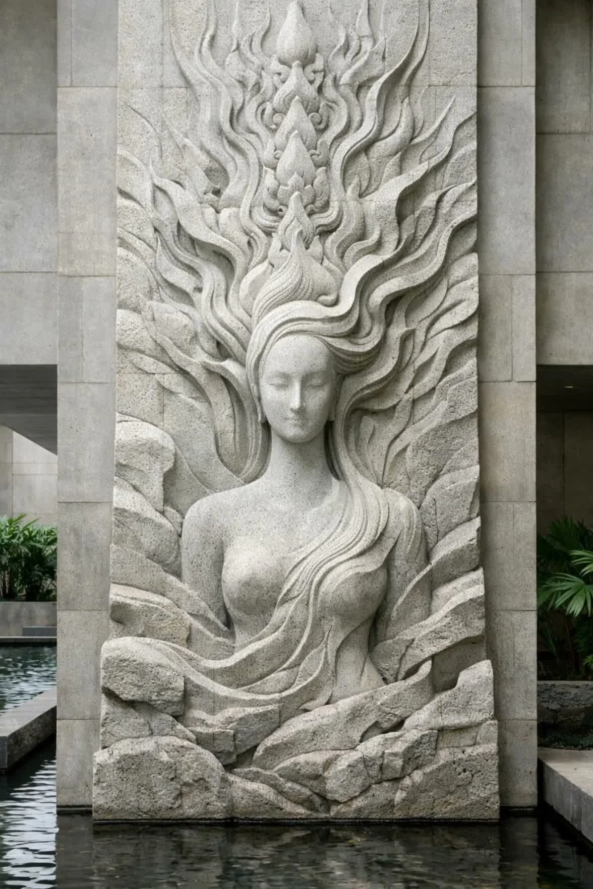 A large stone sculpture of a woman with flowing hair, with intricate flame-like patterns extending above her head, mounted on a wall in a water feature.