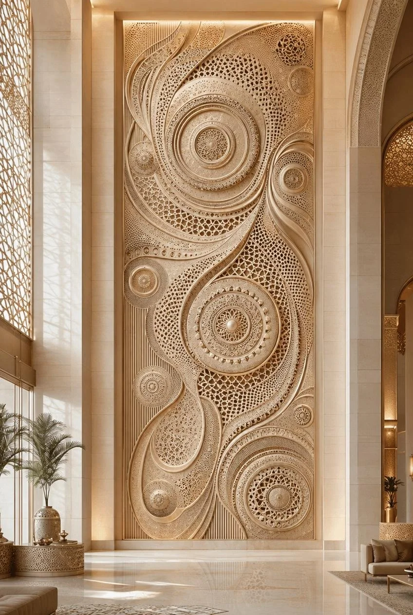 Large Middle-Eastern ornate carved wall panel with swirling patterns and circular designs in a luxurious interior space with tall windows.