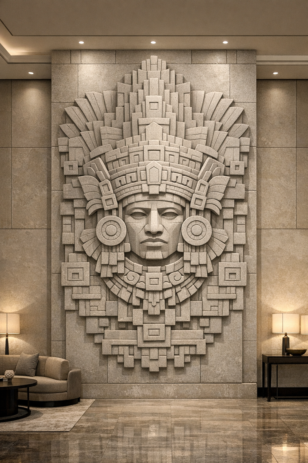 Large stone sculpture of a Mayan or Aztec-style face with elaborate headdress in a hotel lobby, lit by wall lamps and ceiling lights.