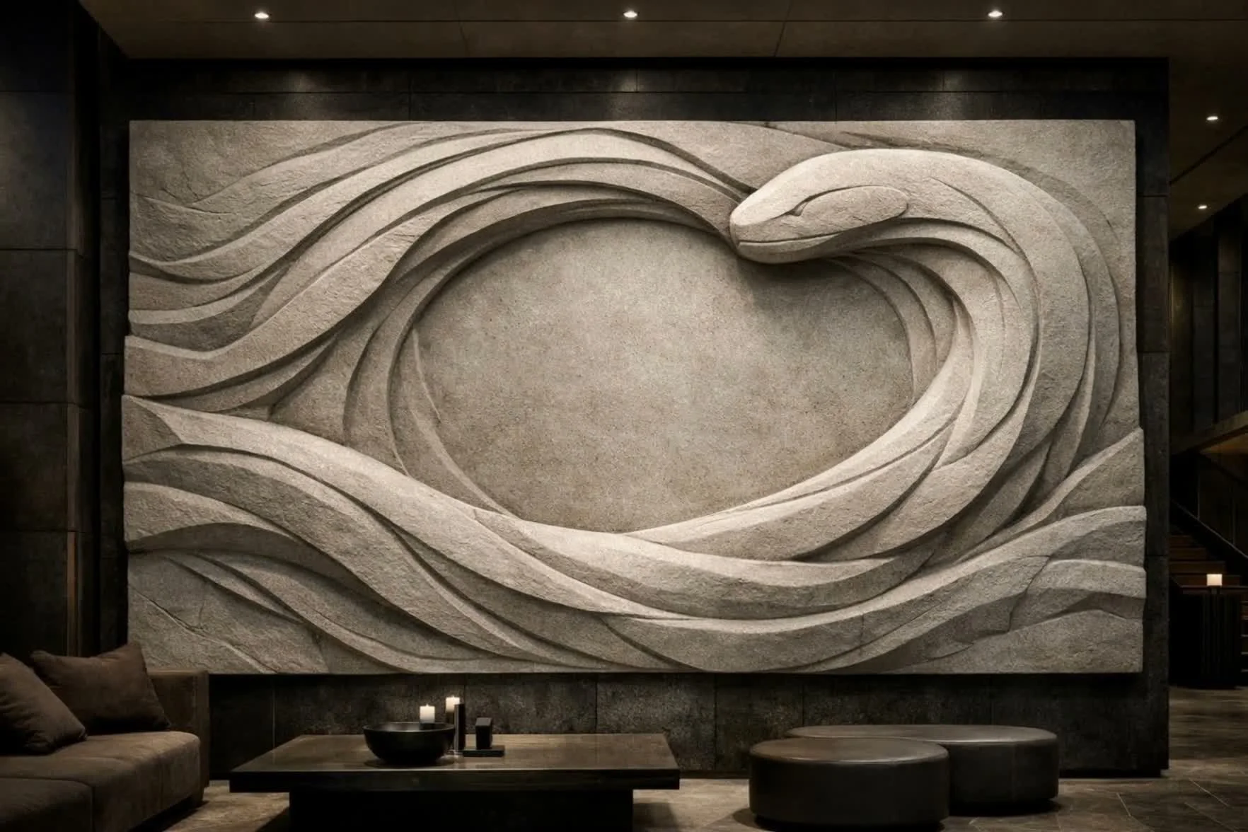 A detailed stone carving of a stylized snake form,  with flowing, layered feathers and a curved beak, mounted on a wall in a dimly lit interior space.