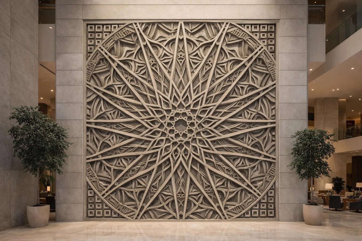 Large-scale mandal wall relief, grey sandstone , contemporary style. Unique piece made to order. Solaro Art Collection