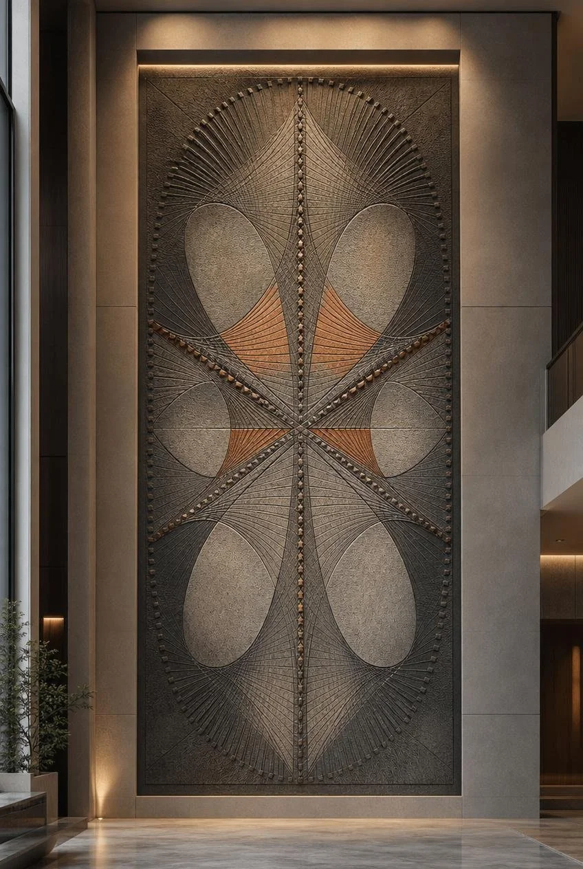 Large vertical geometric wall stone relief with multiple color nuances