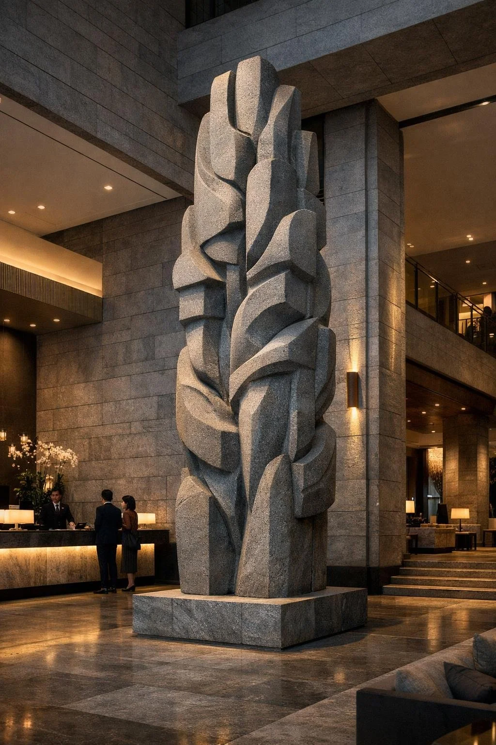 Monolithic abstract totem sculpture, rising 7–8 meters high, carved as a single monumental presence. A powerful vertical form, raw and timeless, designed to structure space, embody strength, and create a strong architectural landmark. By Solaro Art