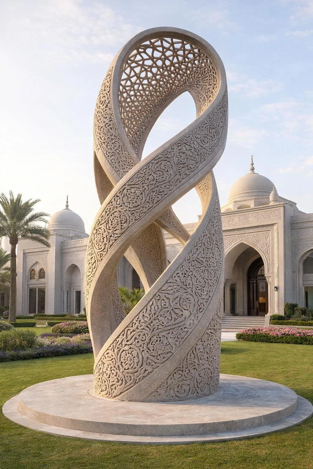 Grand-scale stone sculpture , arabic styletwisted tower with arabesque patterns for luxury  gardens or palaces. Solaro Art Collection