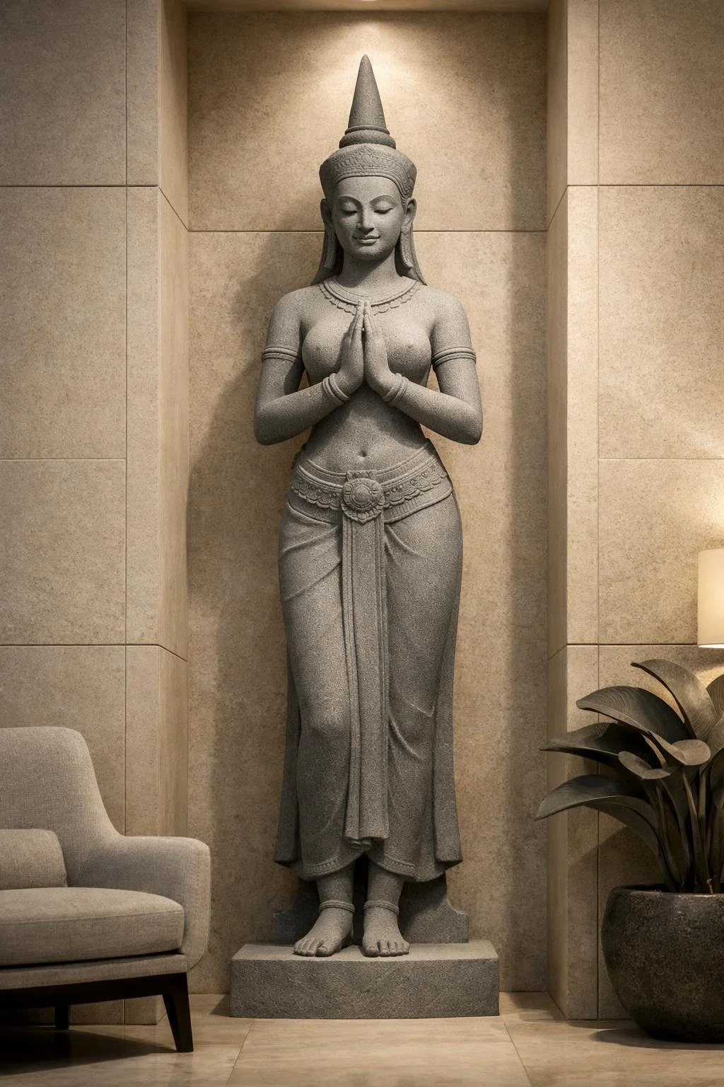 A large gray stone statue of a Hindu goddess standing with hands pressed together in prayer, wearing traditional attire with a tall headdress, situated in an indoor setting with beige tiled walls, a small armchair, and a potted plant nearby.