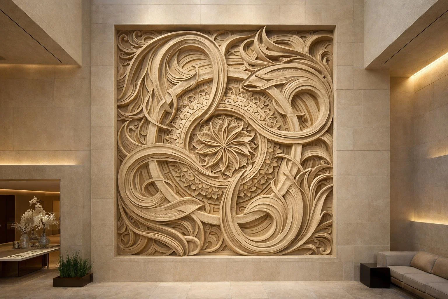 Large decorative sandstone wall art with swirling abstract patterns  and mandala in a hotel lobby.