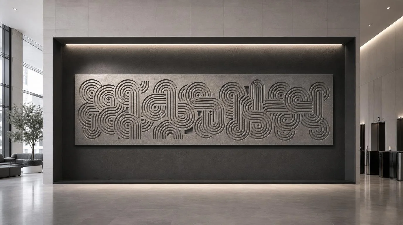 Large modern geometrix wall relief inside a corporate building