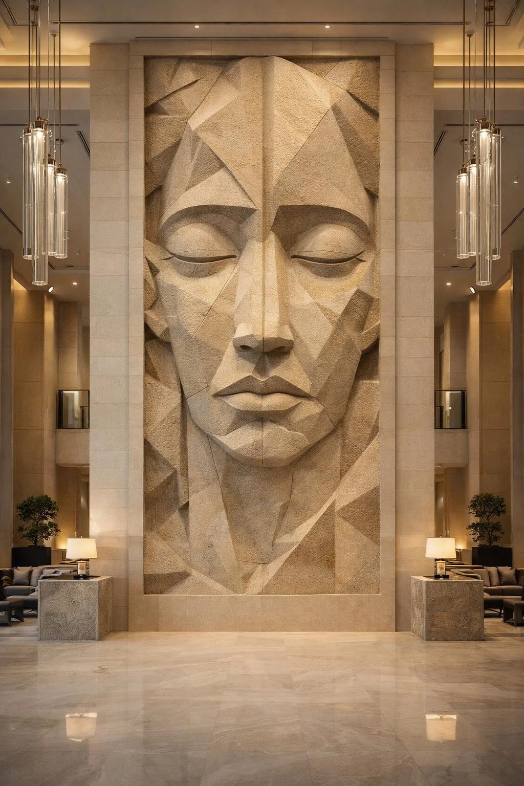 Giant modern cubist figurative wall sculpture for luxury architectural public spaces. Solaro Art