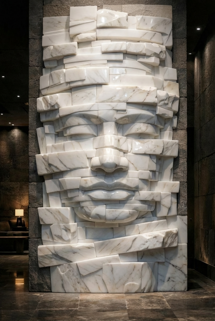 Marble sculpture of a human face, arranged with irregular rectangular blocks, in an indoor setting with dark walls and ambient lighting.