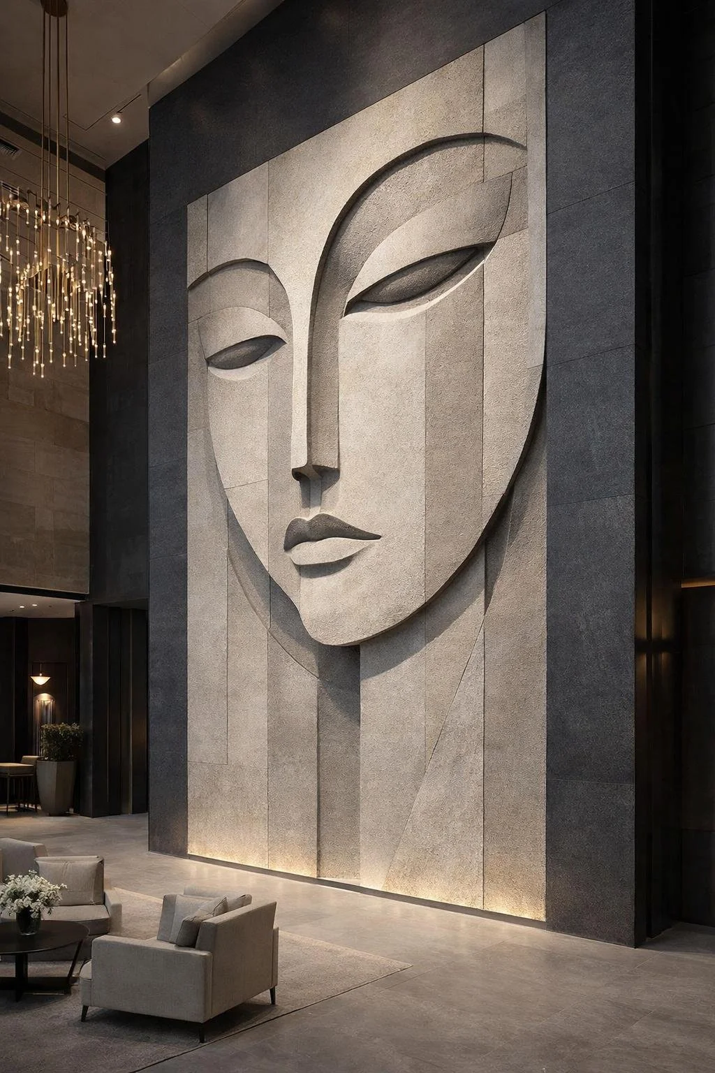 Monumental minimalist modern wall sculpture, female abstract face. Exclusive piece by Solaro Art Collection