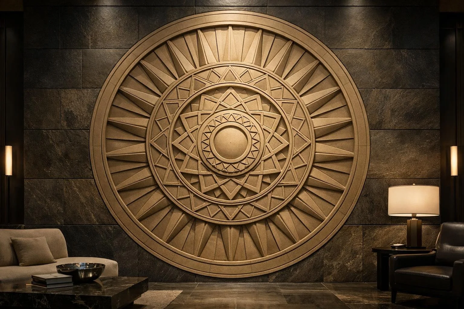A large circular decorative wall art, mandala style with sun rays