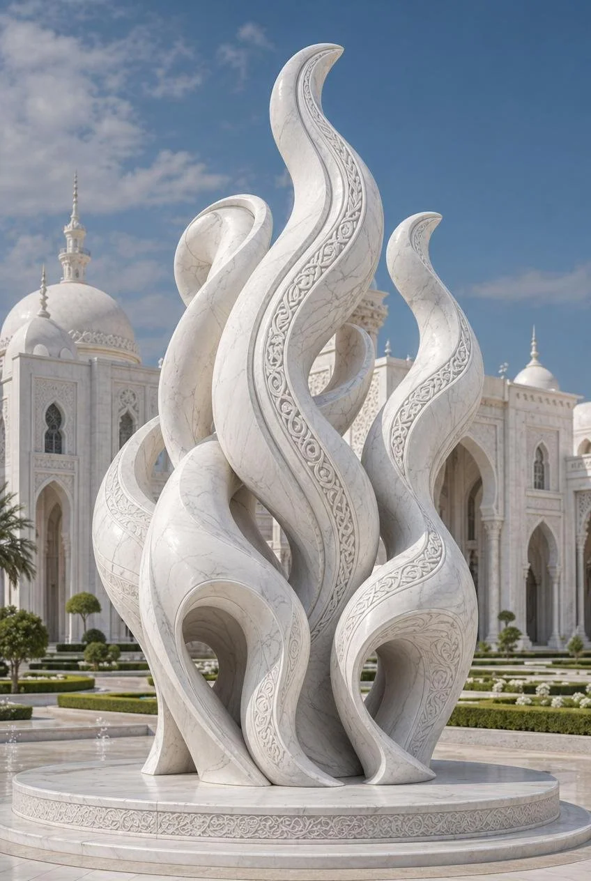 A white marble Middle-Eastern city sculpture featuring several intertwined, flame-like shapes with intricate carvings. In the background is a white building with domes and spires, set against a partly cloudy blue sky.