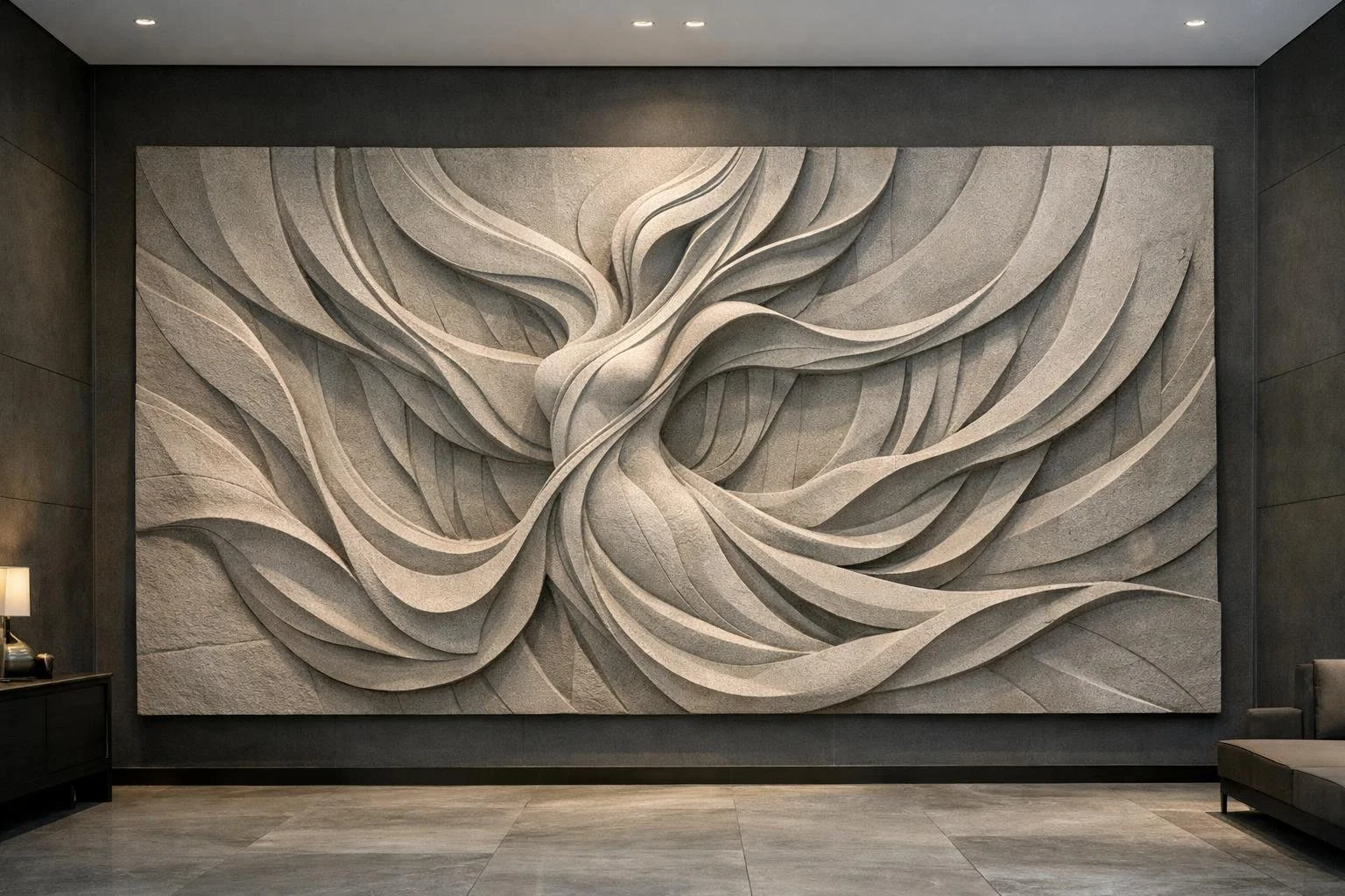 Horizontal wall sculpture, five meters wide and two and a half meters high, featuring a fully abstract feminine silhouette. Carved in deep relief, the composition creates a strong, contemporary presence through depth and balance. By Solaro Art