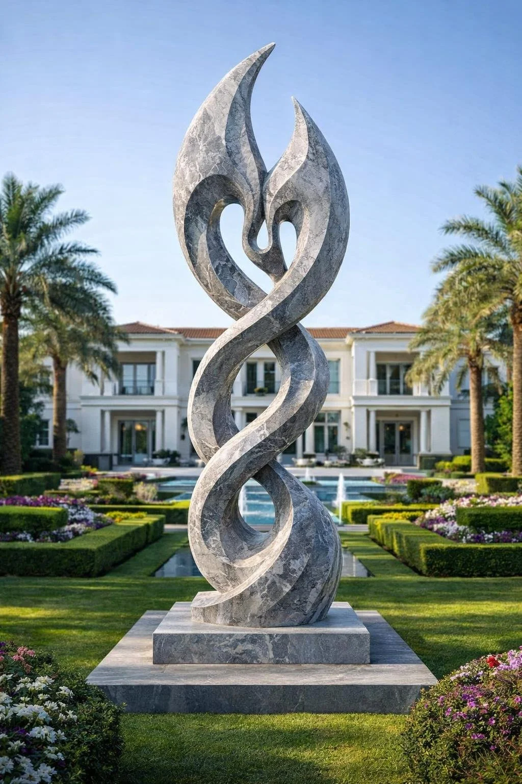 Large-scale grey marble abstract sculpture for luxury outdoor or indoor spaces. Solaro Art Collection