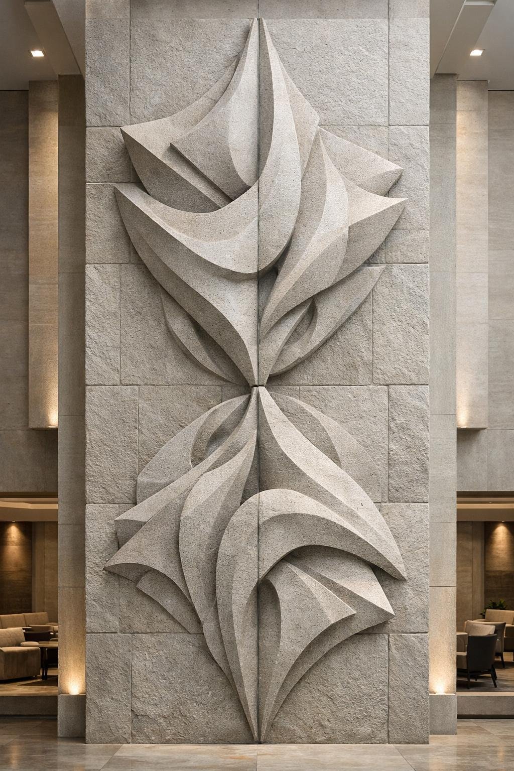 Large scale Abstract stone sculpture of floral and leaf shapes mounted on a textured wall in a modern lobby.