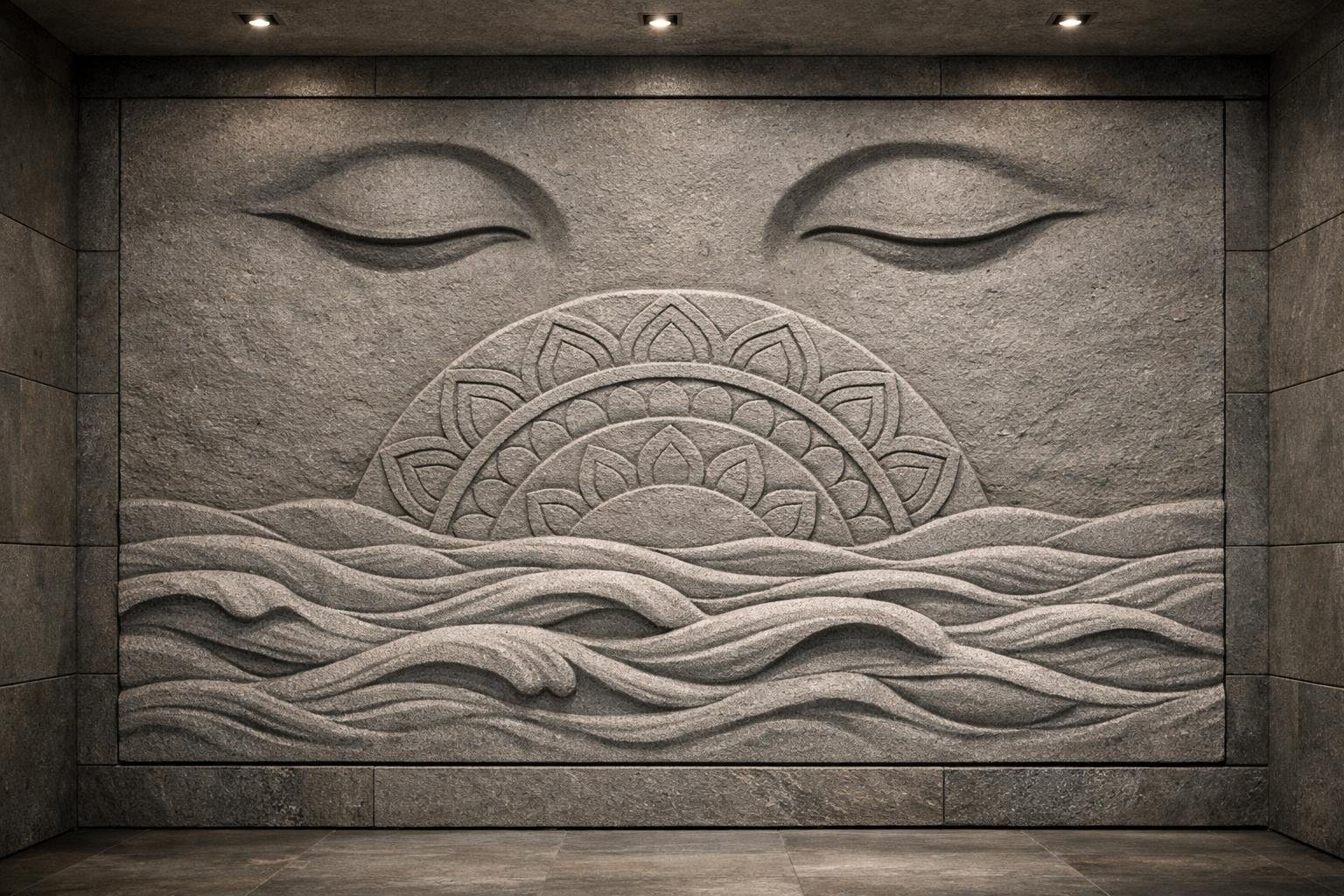 Stone relief sculpture of a serene face with closed eyes, a detailed half-sun or lotus motif, and flowing waves below, set against a gray stone wall.