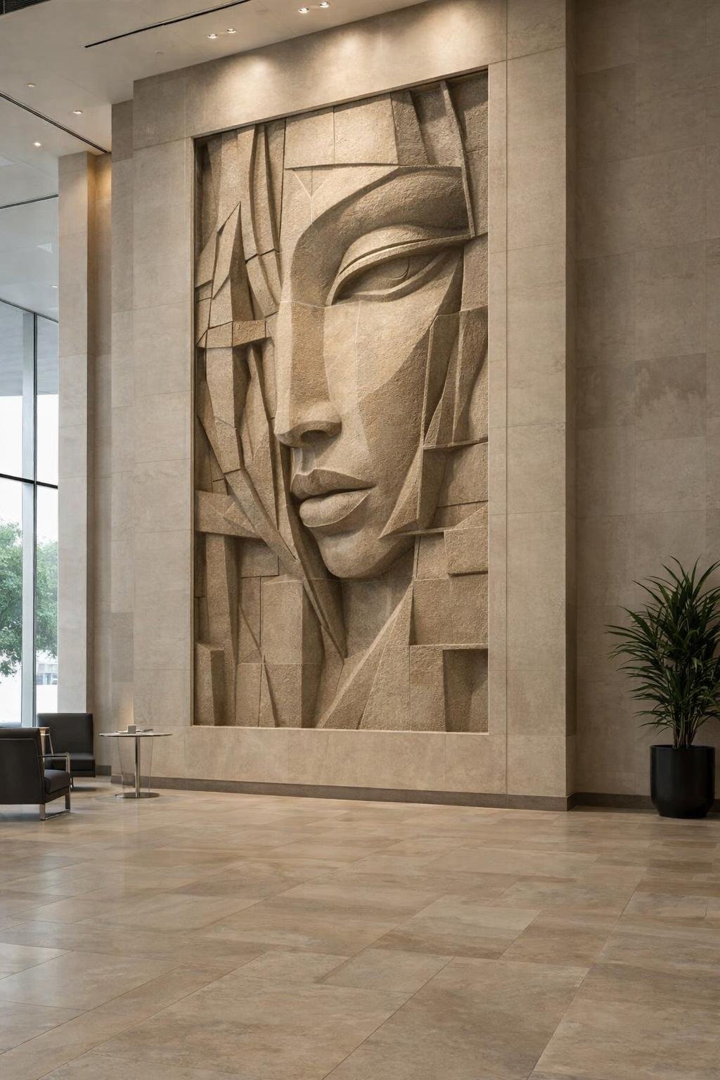 Colossal Modern Abstract Wall sculpture, deep relief in yellow sandstone. Exclusive piece made to order. Solaro Art Collection