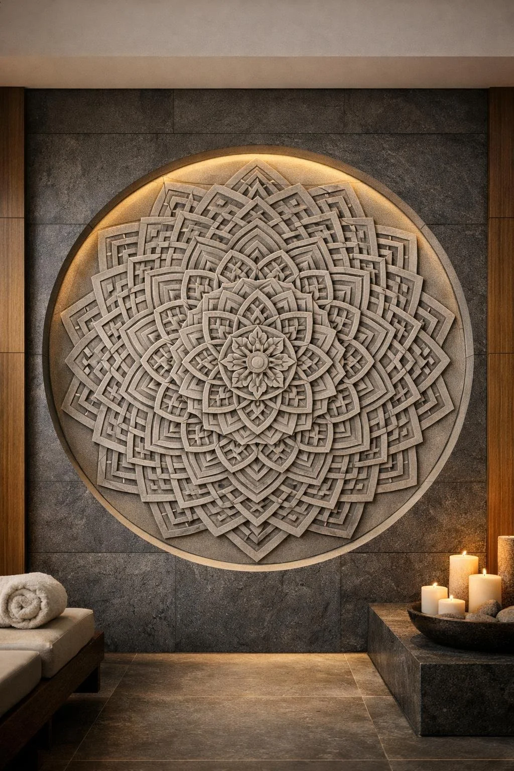 Monumetal3-meters circular mandala sculpture embedded in an anthracite grey stone wall, luxury architectural art integration by Solaro Art Collection