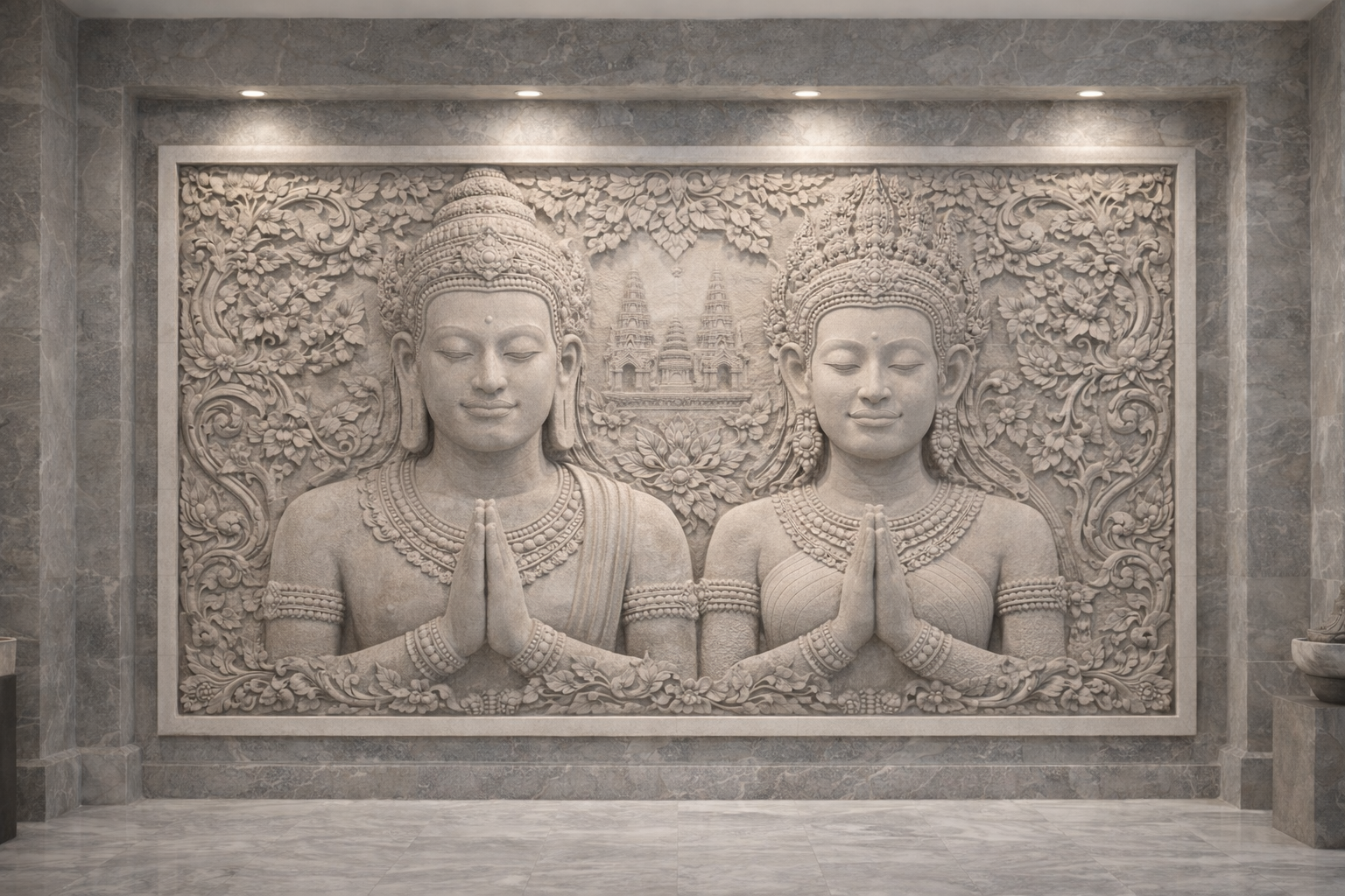 Custom architectural horizontal wall sculpture, Khmer inspired, organic deep relief in grey sandstone. Ideal for luxury hotel or architectural environments. by Solaro Art Collection.