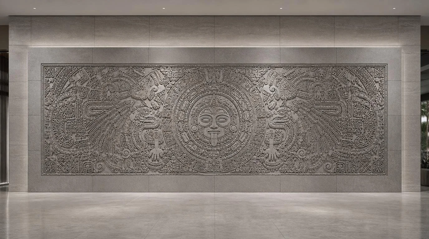 Large horizontal wall sculpture inspired by Mayan and Aztect art, featuring a central circular sun motif with intracite geometric patterns.