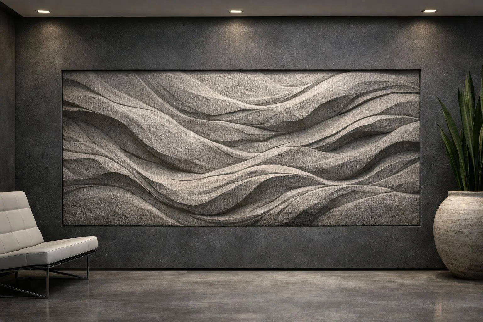 Custom monumental horizontal wall sculpture, featuring flowing wave-like forms carved in raw stone with deep, layered relief. This contemporary sculptural artwork creates a calm yet powerful architectural statement. Solaro Art Collection
