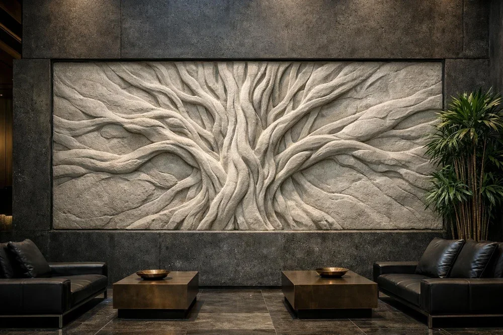Grand organic tree-root wall relief in natural stone fo a sophisticated lounge interior